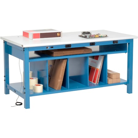 Global Industrial Packing Workbench W/Lower Shelf & Power, ESD Safety Edge, 72inW x 36inD 412475B